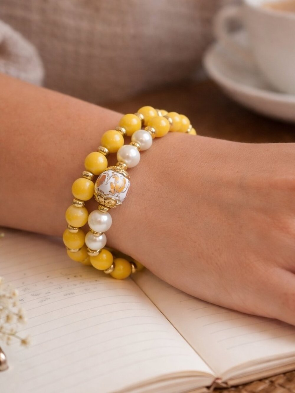 Handmade Double‑Wrap Yellow & Pearl Memory Wire Bracelet